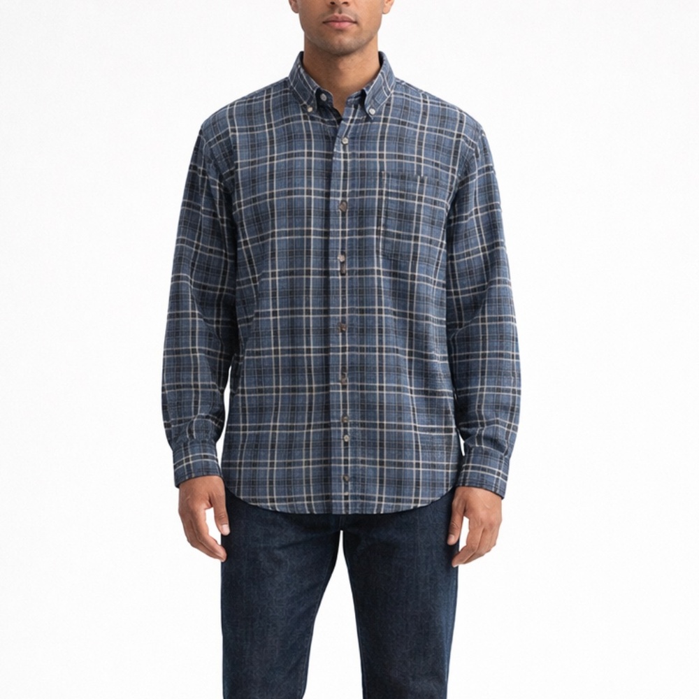 Pendleton Blue Plaid Button Down Shirt Pima Cotton Merino Wool Blend L